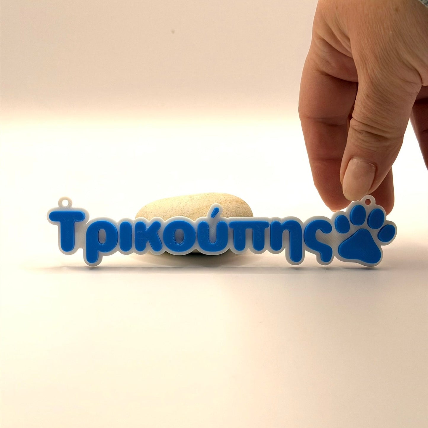 3D Printed  Επιγραφή για κλουβί ή τσάντα με το όνομα του κατοικίδιου σας και πατούσα σκύλου 15 εκ.
