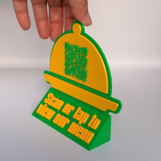 Smart 3D Printed Stand Μενού «Καμπάνα» με NFC & QR Code — Για Εστιατόρια & Ξενοδοχεία