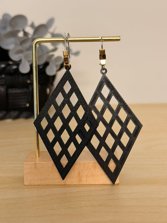 3D Printed Γεωμετρικά Σκουλαρίκια "Grid Rhombus" – Μαύρο