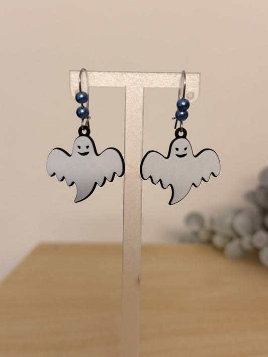 3D Printed Σκουλαρίκια Halloween Φαντασματάκι «Friendly Ghost» με Ανοξείδωτο Ατσάλι & Μπλε Πέρλες